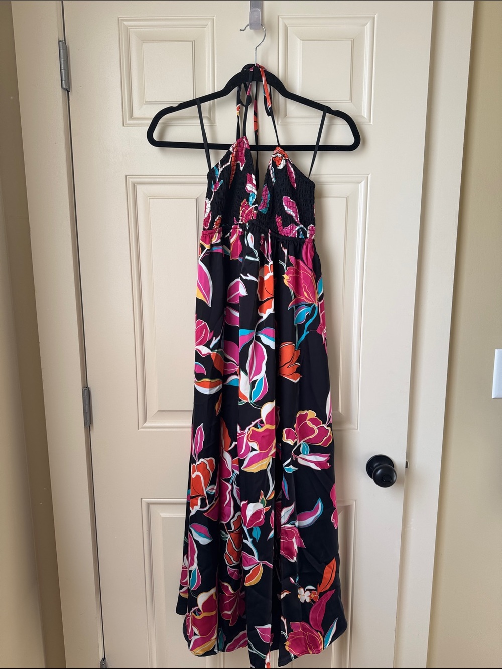 Floral Halter Maxi Dress in Black with Bright Bloom Print